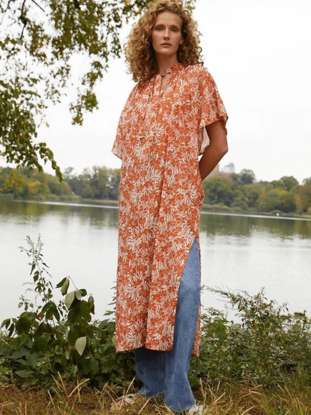 Orange Floral Print Maxi Dress - Casual Tie-Neck Tunic